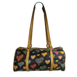 Dooney & Bourke Doodle Heart Barrel Bag Black Multi Color Rainbow Zip Vintage